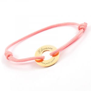 Bracelet personnalisé cordon enfant médaille gravée plaqué or cible D15 mm et D6.5 mm