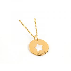 Pendentif personnalisé enfant médaille gravée plaqué or ronde D20 mm et étoile