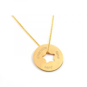 Pendentif personnalisé femme médaille gravée plaqué or ronde D25 mm et étoile