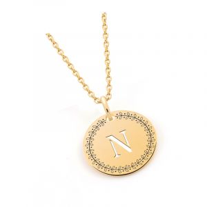 Pendentif personnalisé femme initiale contour feuille Plaqué Or ronde D20 mm