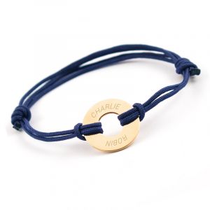 Bracelet personnalisé cordon homme médaille gravée plaqué or cible D20 mm et D8.7 mm