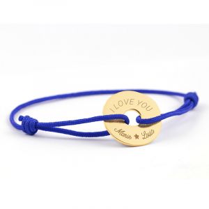 Bracelet personnalisé cordon homme médaille gravée plaqué or cible D20 mm et D6 mm