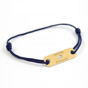 Bracelet personnalisé cordon homme médaille gravée plaqué or rectangle adouci 28x10 mm + 3 ronds